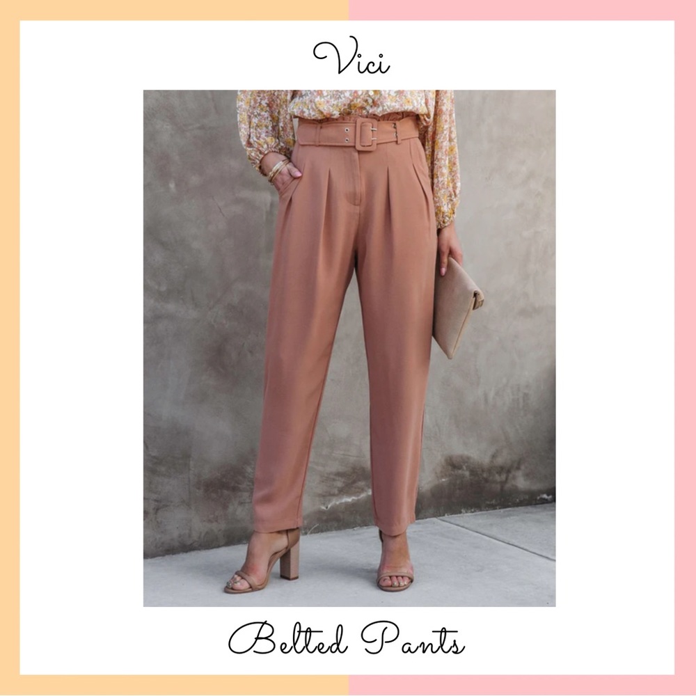 Vici High Rise Tan Belted Trousers